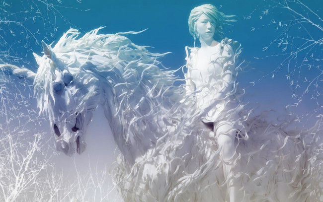 Обои картинки фото фэнтези, девушки, конь, амазонка, зима, белый