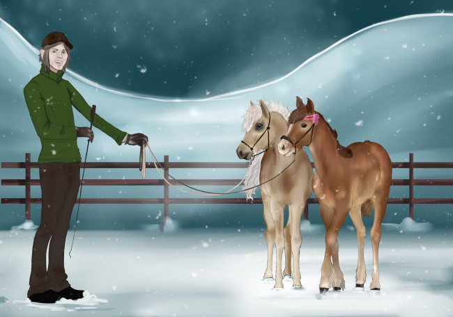 Обои картинки фото рисованное, животные,  лошади, забор, снег, лошадки, взгляд, мужчина