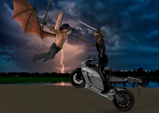 Картинка 3д+графика фантазия+ fantasy демон мотоцикл молния оружие фон взгляд мужчина