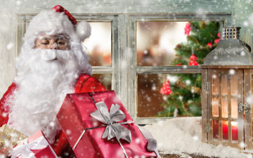 обоя праздничные, дед мороз,  санта клаус, подарок, санта, клаус, фонарь, окно