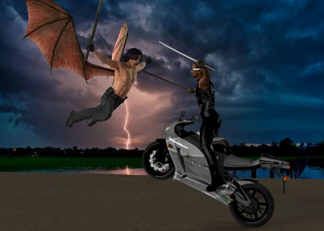 Обои картинки фото 3д графика, фантазия , fantasy, демон, мотоцикл, молния, оружие, фон, взгляд, мужчина