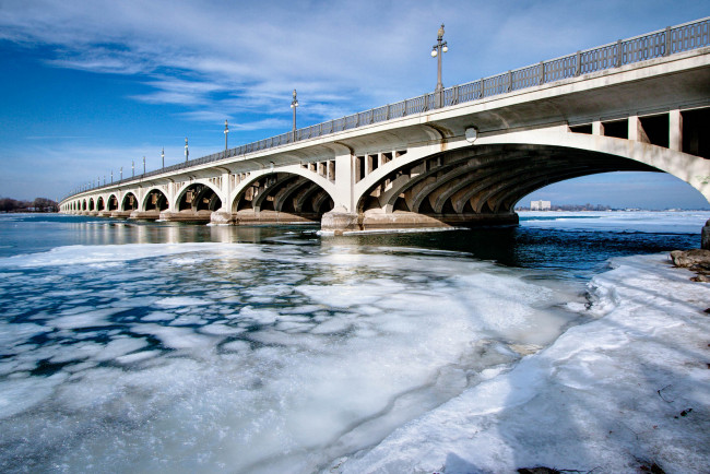 Обои картинки фото города, - мосты, небо, мост, зима, река, лед
