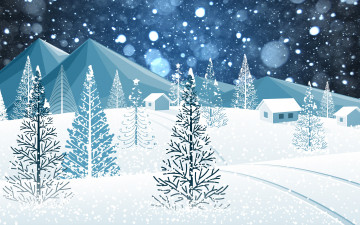 обоя векторная графика, природа , nature, праздник, снег, горы, лес, Ёлки, минимализм, зима, рождество, елки, снежинки, новый, год, настроение
