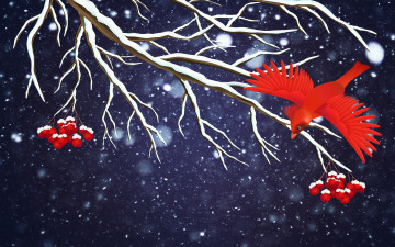 Картинка векторная+графика природа+ nature снег праздник минимализм ветка рябина снежинки зима птица фон