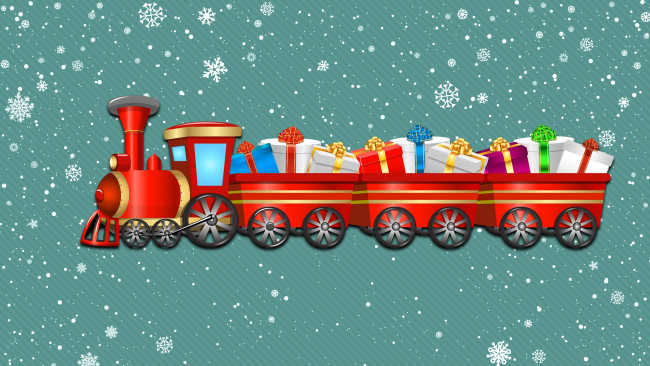 Обои картинки фото праздничные, векторная графика , новый год, снежинки, фон, праздник, снег, локомотив, паровоз, минимализм, подарки, зима, новый, год