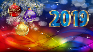 обоя праздничные, векторная графика , новый год, фон, 2019, линии, боке, звезды, ветка, ели, 3, шара