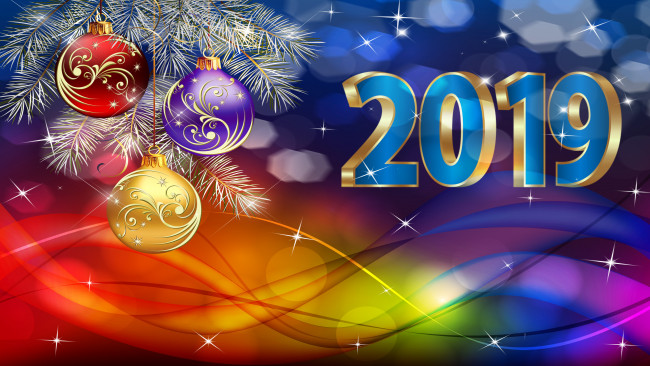 Обои картинки фото праздничные, векторная графика , новый год, фон, 2019, линии, боке, звезды, ветка, ели, 3, шара
