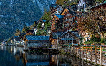 Картинка города гальштат+ австрия горы озеро отражение