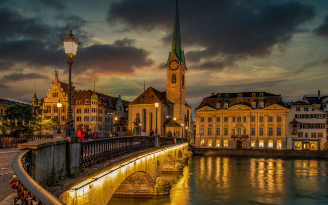 Обои картинки фото города, цюрих , швейцария, река, мост, вечер, огни
