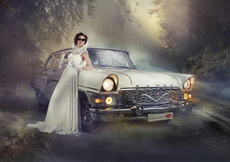 Картинка автомобили -авто+с+девушками женщины с машинами олдтаймер автомобиль платье белое модель в очках газ