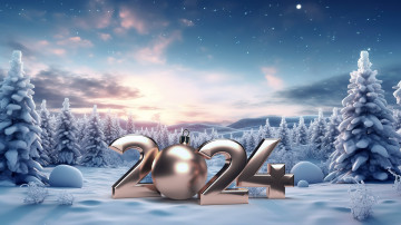 обоя праздничные, - разное , новый год, год, цифры, шар, зима, лес, снег