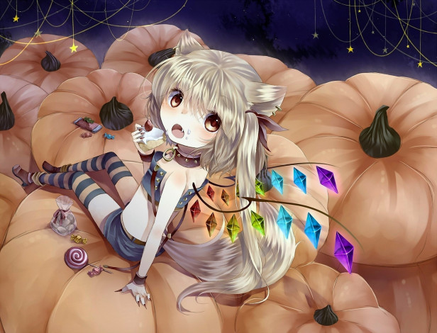 Обои картинки фото аниме, touhou, девочка, крылья, сладости, тыквы