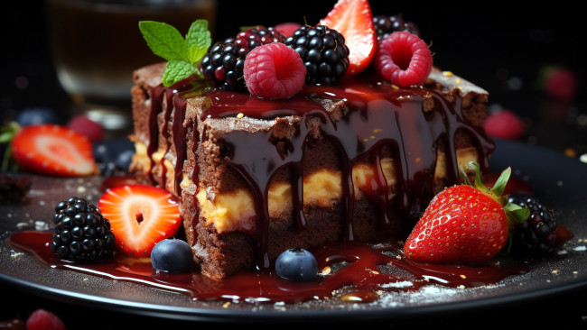 Обои картинки фото еда, торты, шоколадная, глазурь, торт, ежевика, малина