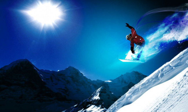 Обои картинки фото спорт, сноуборд, солнце, горы, снег, сноубордист, экстрим
