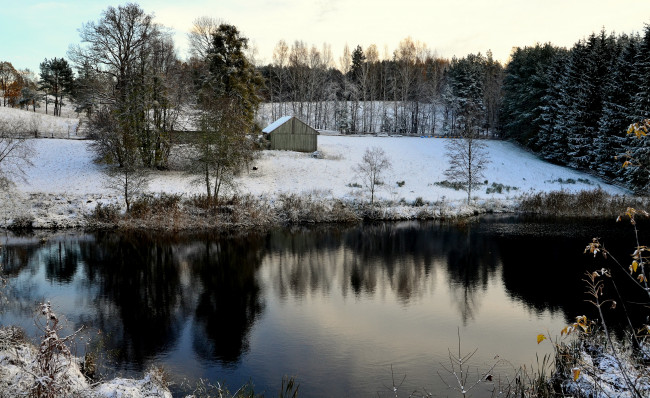 Обои картинки фото литва, пренай, природа, зима, снег, лес, река