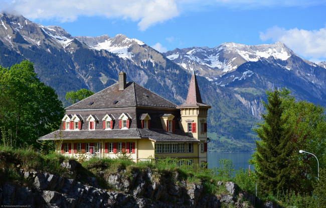 Обои картинки фото швейцария, берн, iseltwald, lake, brienz, города, здания, дома, озеро, горы