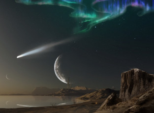 Картинка 3д+графика атмосфера настроение+ atmosphere+ +mood+ озеро звезды планета горы небо комета северное сияние