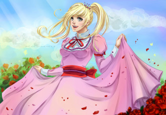Картинка рисованное -+ +аниме блондинка розовое платье девушка