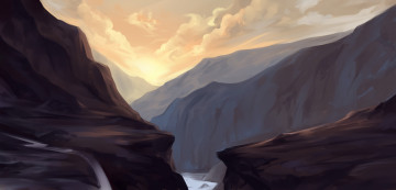 Картинка рисованное природа река горы небо