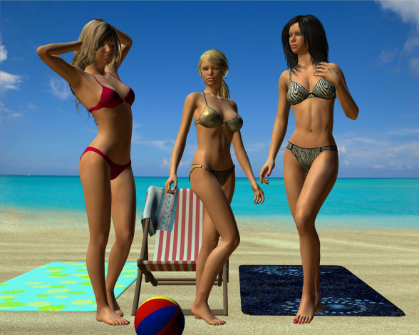 Обои картинки фото 3д графика, люди , people, полотенце, мяч, шезлонг, море, фон, пляж, взгляд, девушки