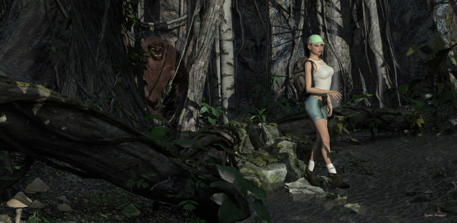 Обои картинки фото 3д графика, фантазия , fantasy, взгляд, девушка, горила, лес, фон