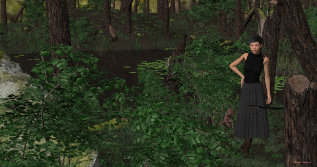 Обои картинки фото 3д графика, фантазия , fantasy, троль, река, лес, фон, взгляд, девушка