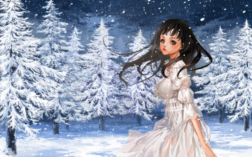 Картинка аниме зима +новый+год +рождество взгляд девушка фон