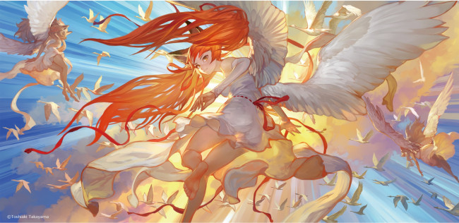 Обои картинки фото аниме, ангелы,  демоны, takayama, toshiaki, девушки, ушки, птицы, арт, крылья, перья