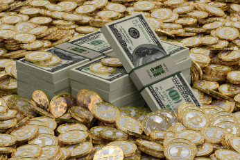 Картинка разное золото +купюры +монеты биткойны доллары