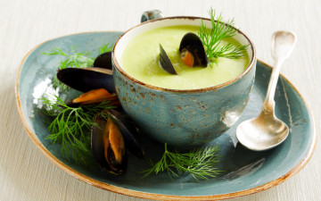 Картинка еда первые+блюда укроп мидии рыбный суп