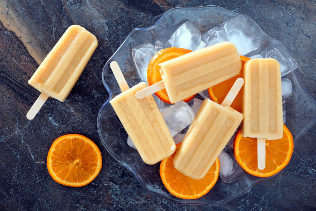 Обои картинки фото еда, мороженое,  десерты, апельсин, лед