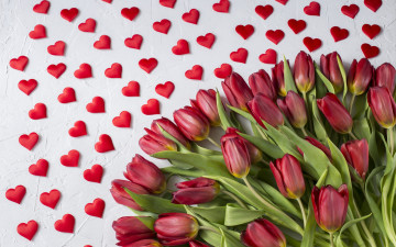 обоя праздничные, день святого валентина,  сердечки,  любовь, любовь, букет, сердечки, тюльпаны, красные