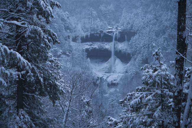 Обои картинки фото природа, водопады, зима, лес, велосипед