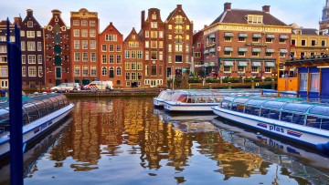 обоя города, амстердам , нидерланды, канал, лодки, дома