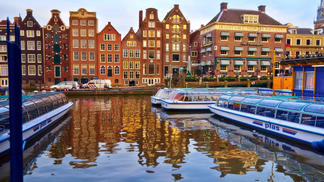 Обои картинки фото города, амстердам , нидерланды, канал, лодки, дома