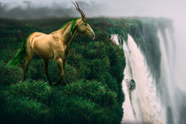 Обои картинки фото фэнтези, существа, водопад, рога, фон, конь