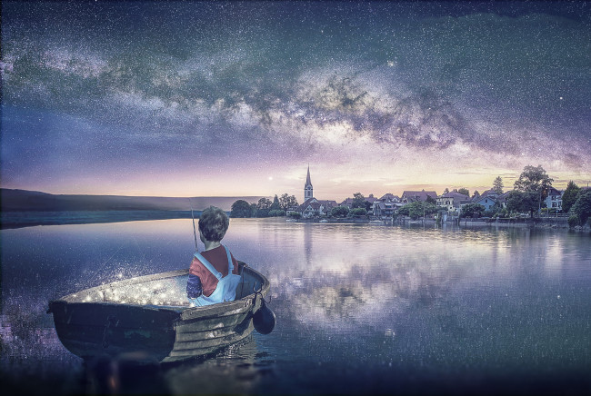 Обои картинки фото разное, компьютерный дизайн, ребенок, мальчик, лодка, озеро, город