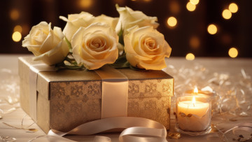 обоя праздничные, подарки и коробочки, цветы, праздник, подарок, розы, свеча, букет, свечи, бант