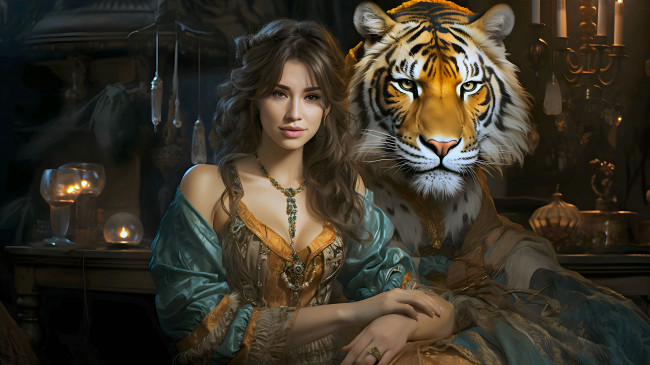 Обои картинки фото рисованное, люди, девушка, тигр, животное, арт
