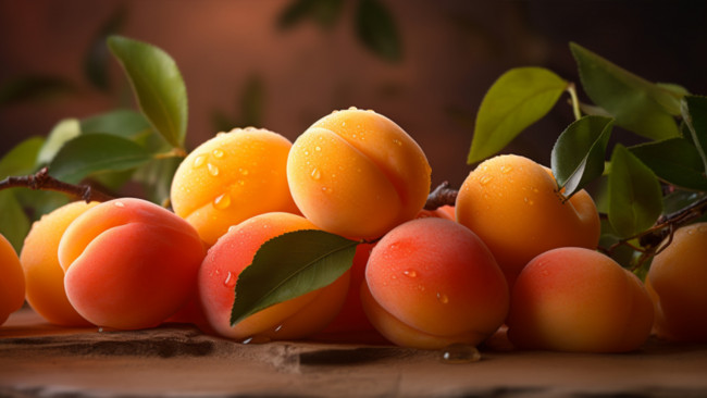 Обои картинки фото 3д графика, другое , other, листья, капли, фрукты, персики, абрикосы, ии-арт, нейросеть