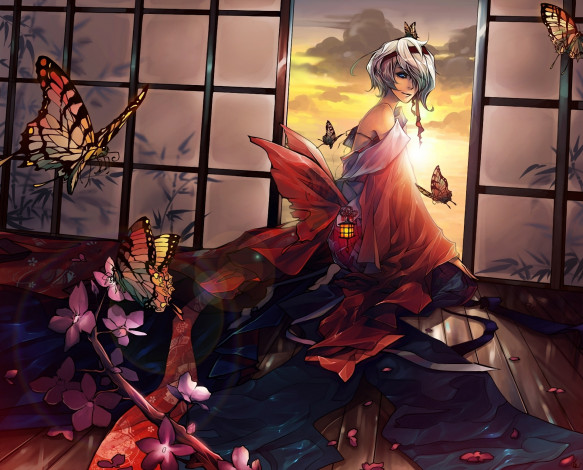 Обои картинки фото аниме, *unknown, другое, девушка, кимоно, фонарь, бабочки