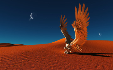Картинка фэнтези ангелы ангел крылья девушка пустыня песок тень небо синее планеты звезды