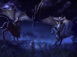 Картинка фэнтези люди дракон лучники всадники воины