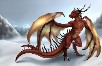 Картинка фэнтези драконы крылья горы снег