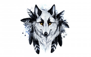 Картинка рисованные животные +волки волк перья желтые глаза