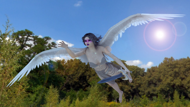 Обои картинки фото 3д графика, angel , ангел, меч, полет, крылья