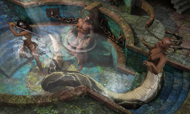 Обои картинки фото 3д графика, fantasy , фантазия, бассейн, горгона, змея, меч