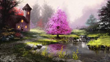 Картинка рисованное природа домик река деревья