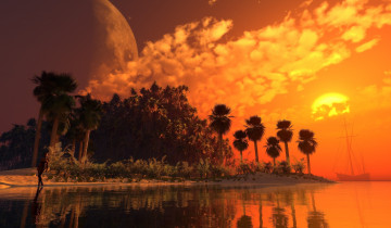 Картинка 3д+графика атмосфера настроение+ atmosphere+ +mood+ море облака планета пальмы парусник