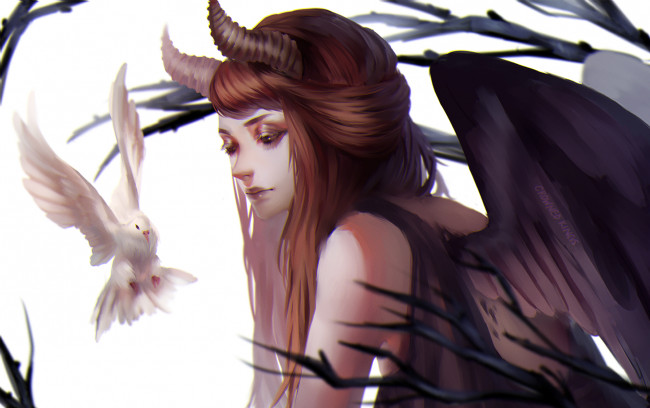 Обои картинки фото фэнтези, демоны, девушка, голубь, птица, крылья, рога